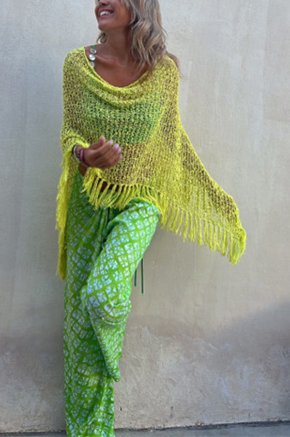 Sonnenuntergang Brise Quasten Strick Cover-Up mit Ausschnitt-Design