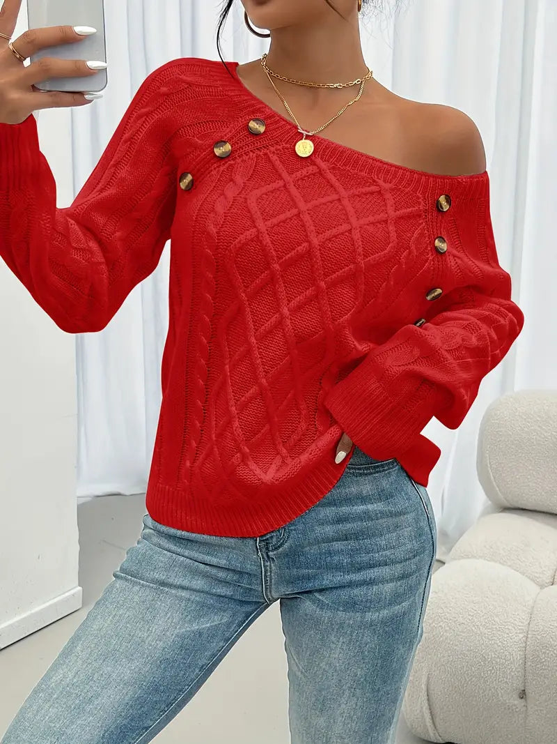Lina - Langärmeliger Pullover Mit Zopfmuster, Lässiger Pullover Mit Rundhalsausschnitt