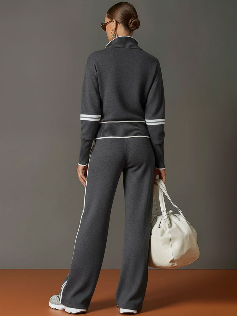 Vintage-inspirierter grauer und weißer Halbzip-Sweatshirt mit weitem Hosen-Set