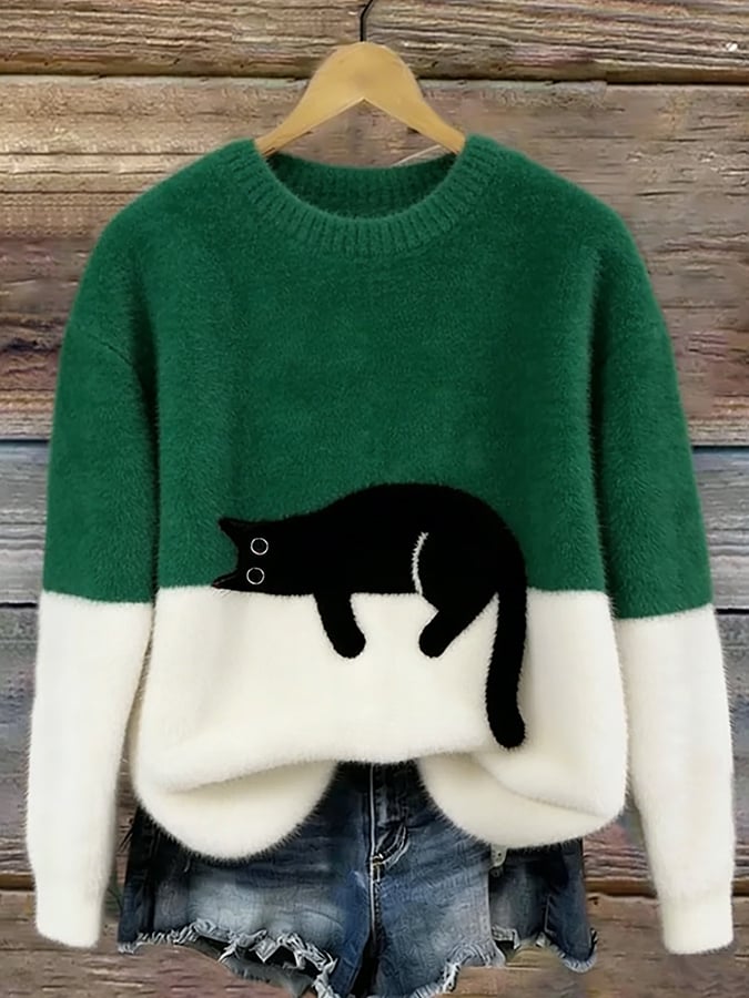 Pullover oversize da donna con design color block e motivo a gatti