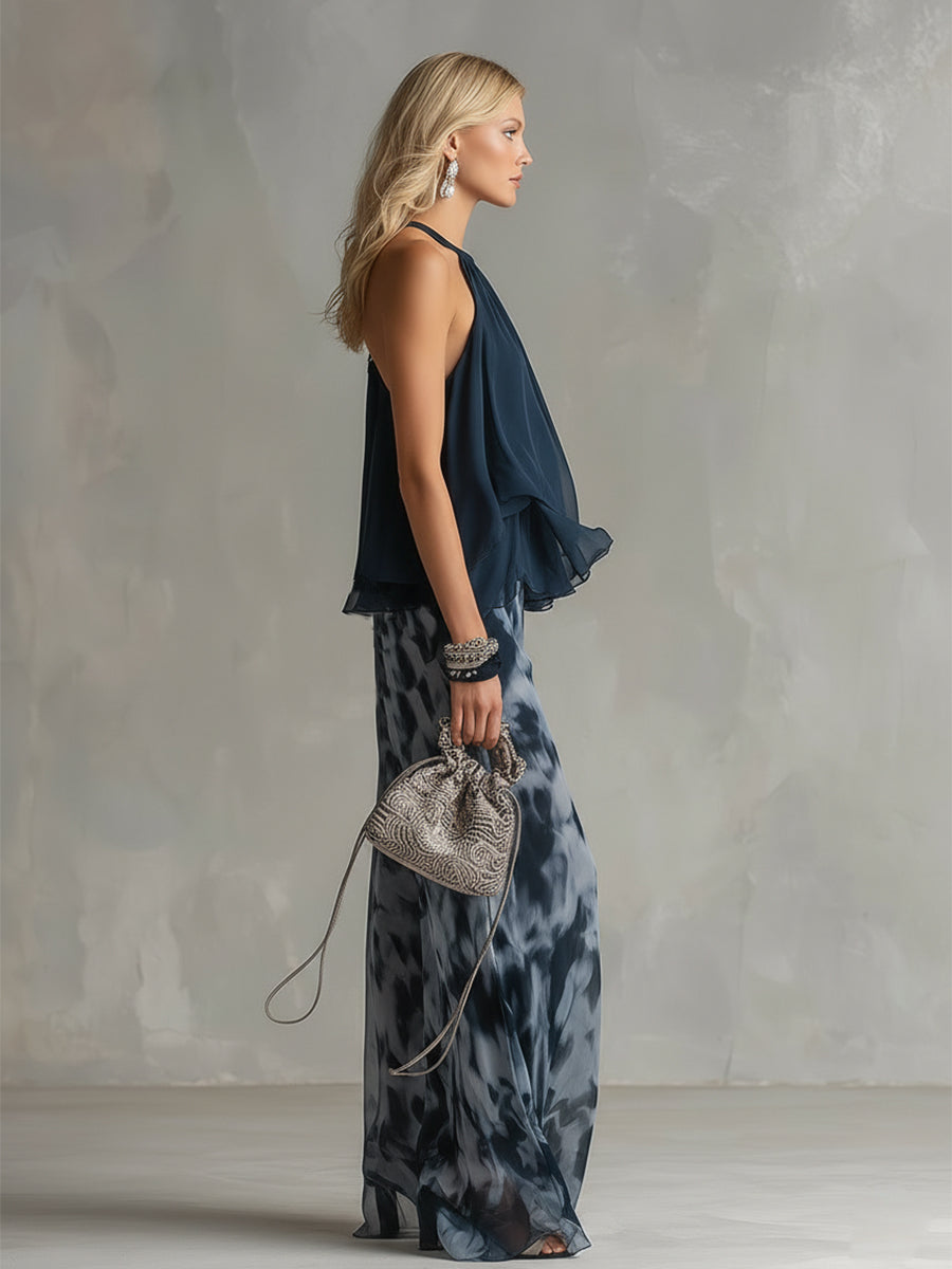 Ludovica – Schickes Ensemble mit hochgeschlossenem Blusenshirt und fließenden bedruckten Hosen