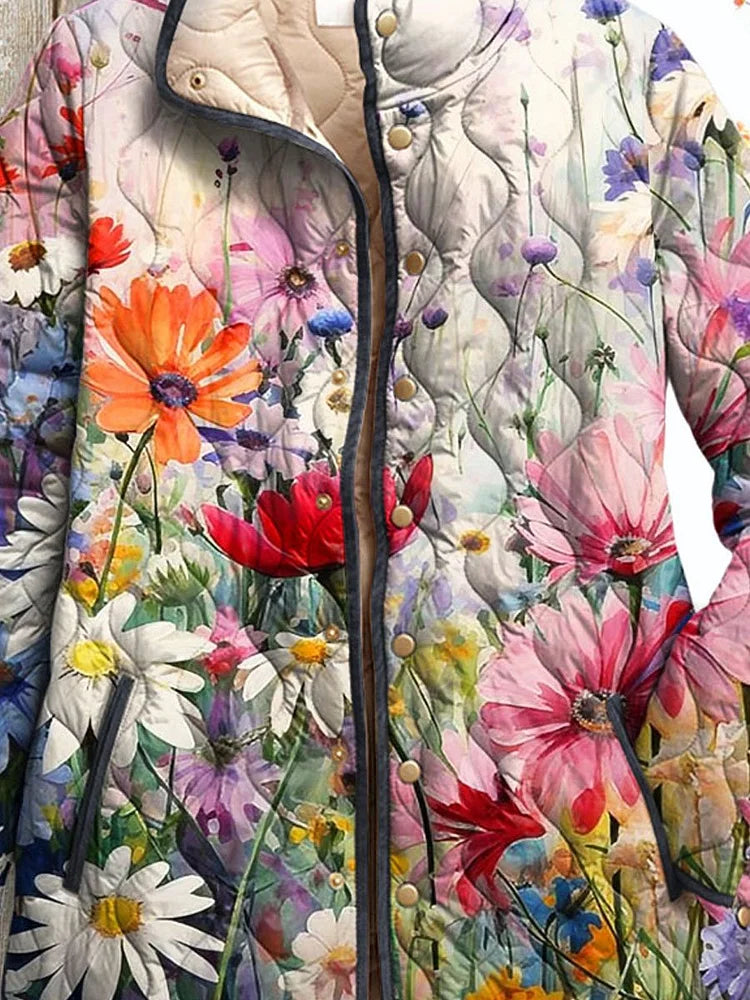 Damen Vintage Charmante Blumen Druck Casual Steppjacke