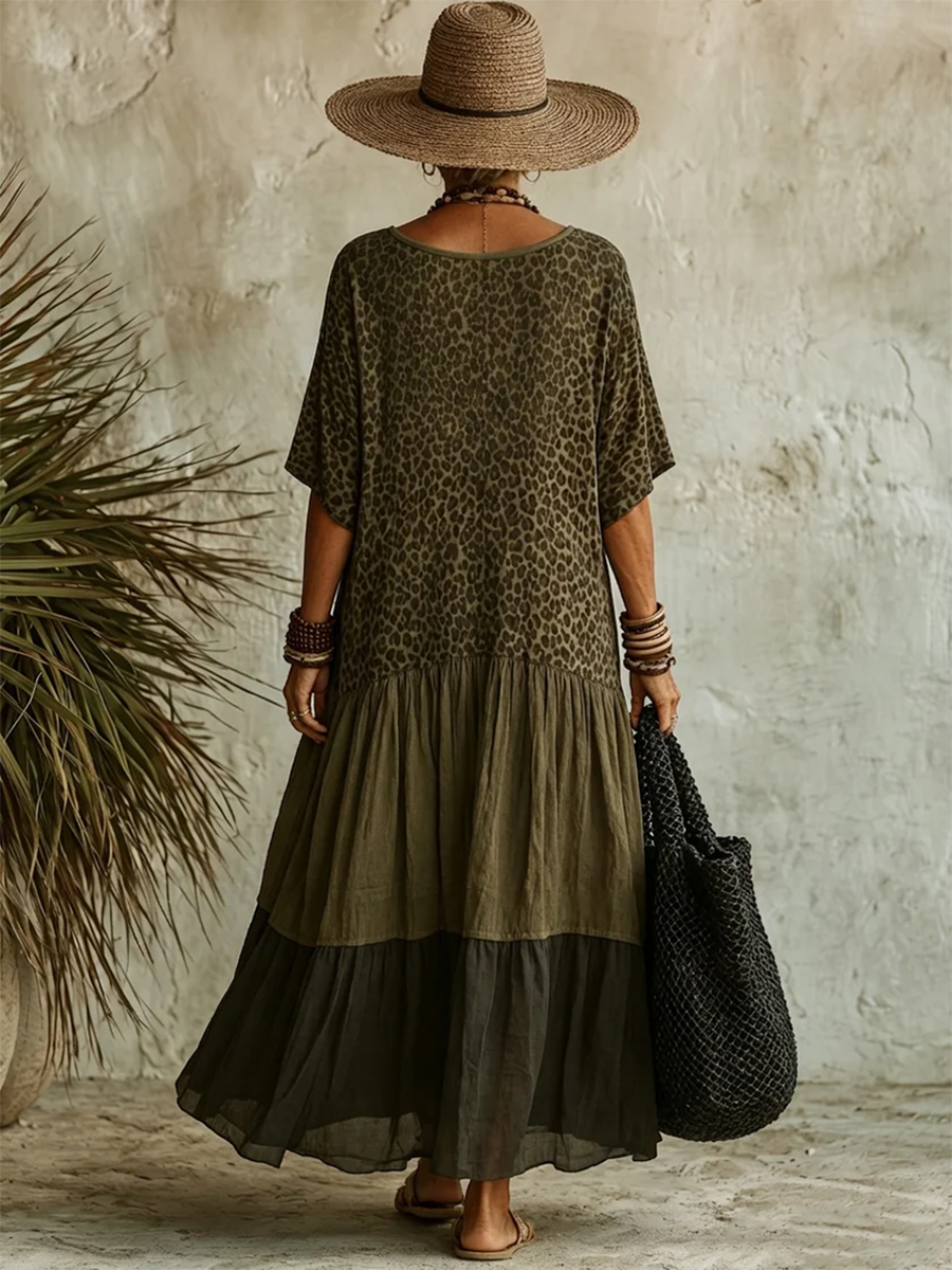 Damen V-Ausschnitt Maxikleid mit Leopardenmuster