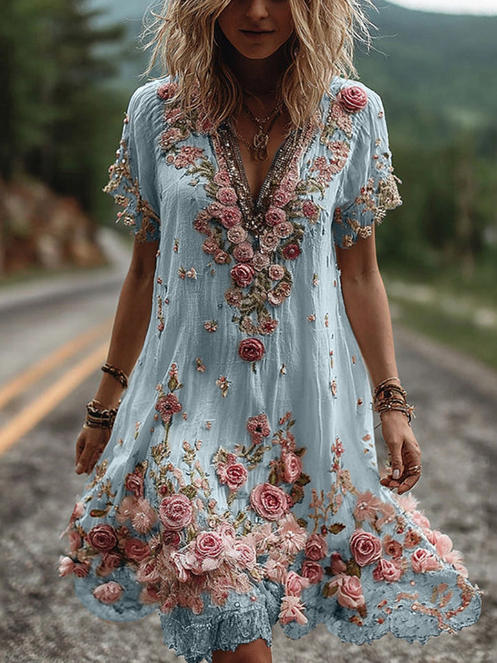 Ruby – Blossom bestickte V-Ausschnitt Kleid
