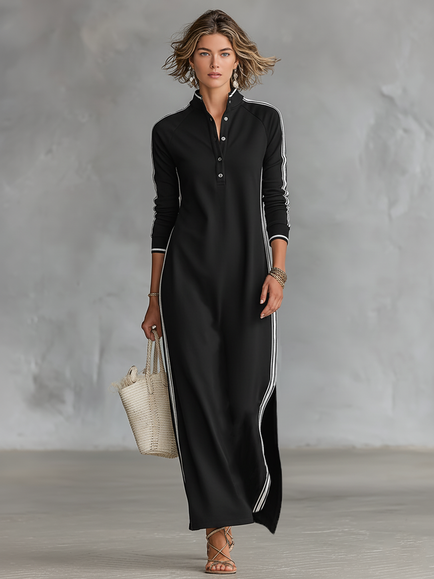 Minimalistisches Sweatshirtkleid für Damen mit weißem Kragen und Knopfleiste
