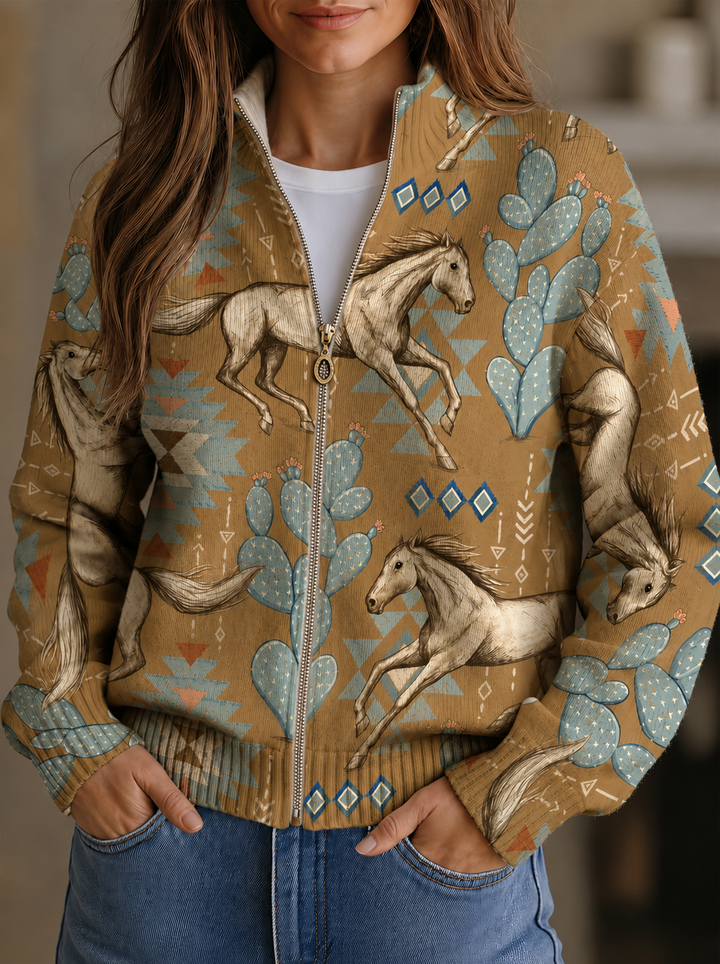 Cardigan da donna con motivo di cavalli del deserto e cactus e cerniera lampo
