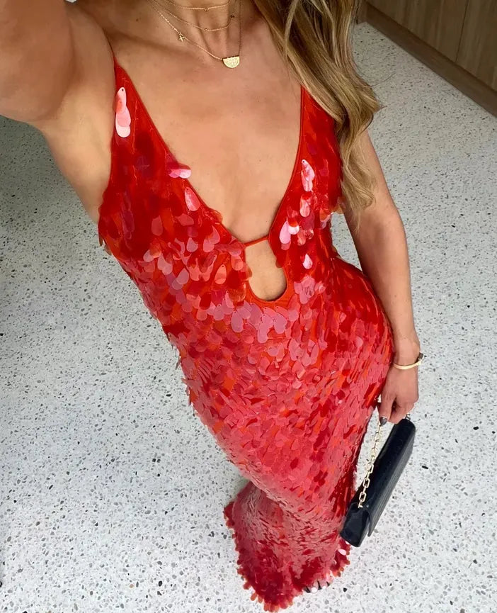 Kalea - Glitzer Pailletten Rückenfreies Trägerkleid