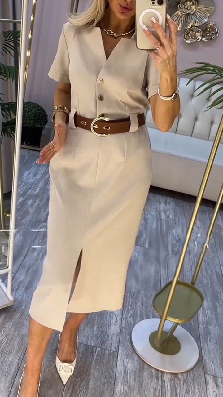 Damen Midi-Kleid mit kurzen Ärmeln, seitlichem Schlitz und Knöpfen