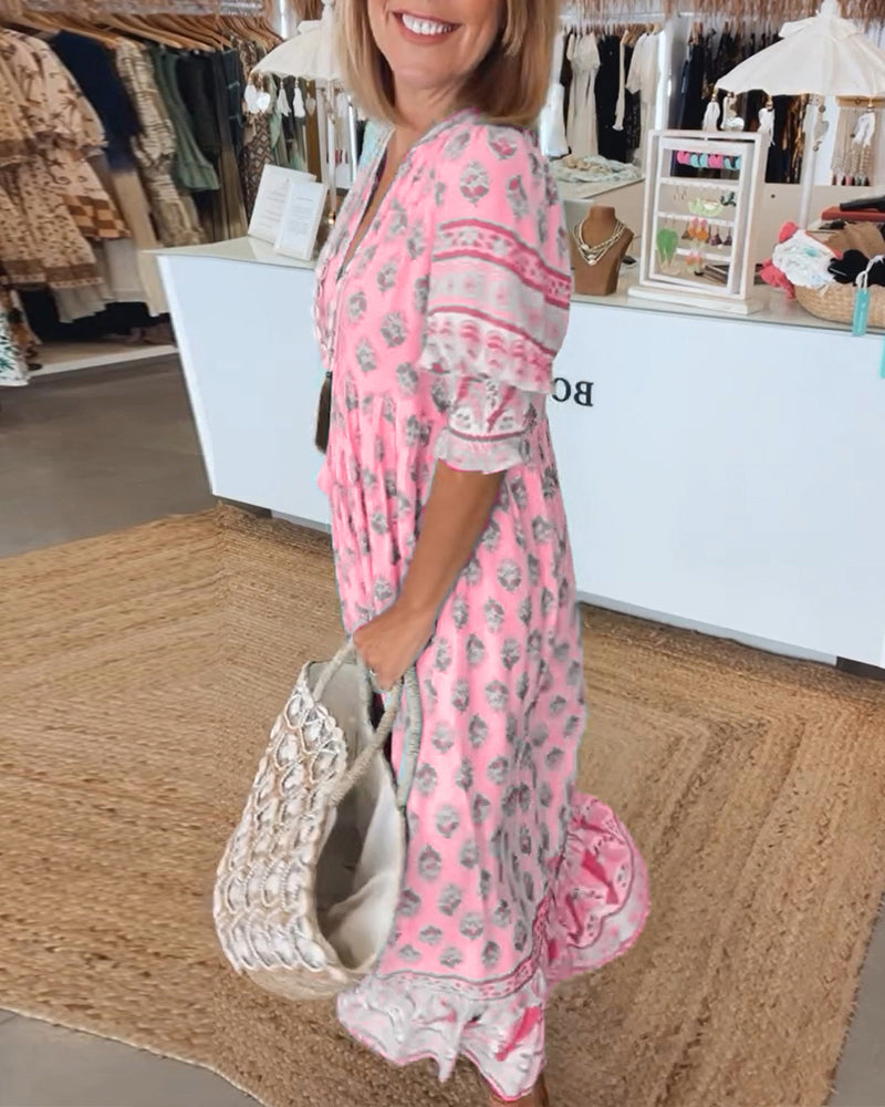 Giusy - Lässiges Bedrucktes Kleid Mit V-ausschnitt Und Halben Ärmeln