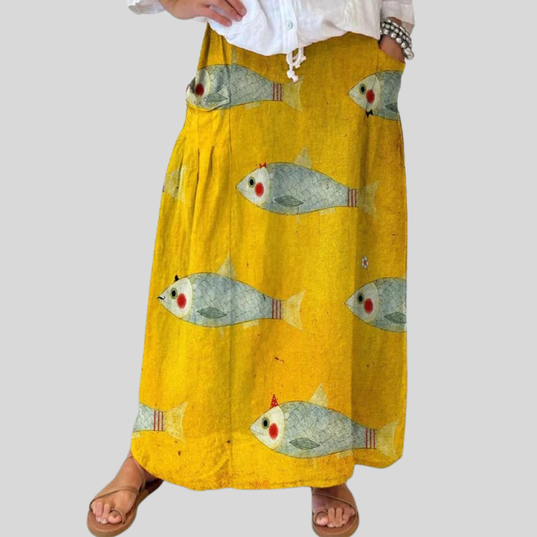 Damen Vintage Fisch Kunst Druck Leinen Tasche Rock