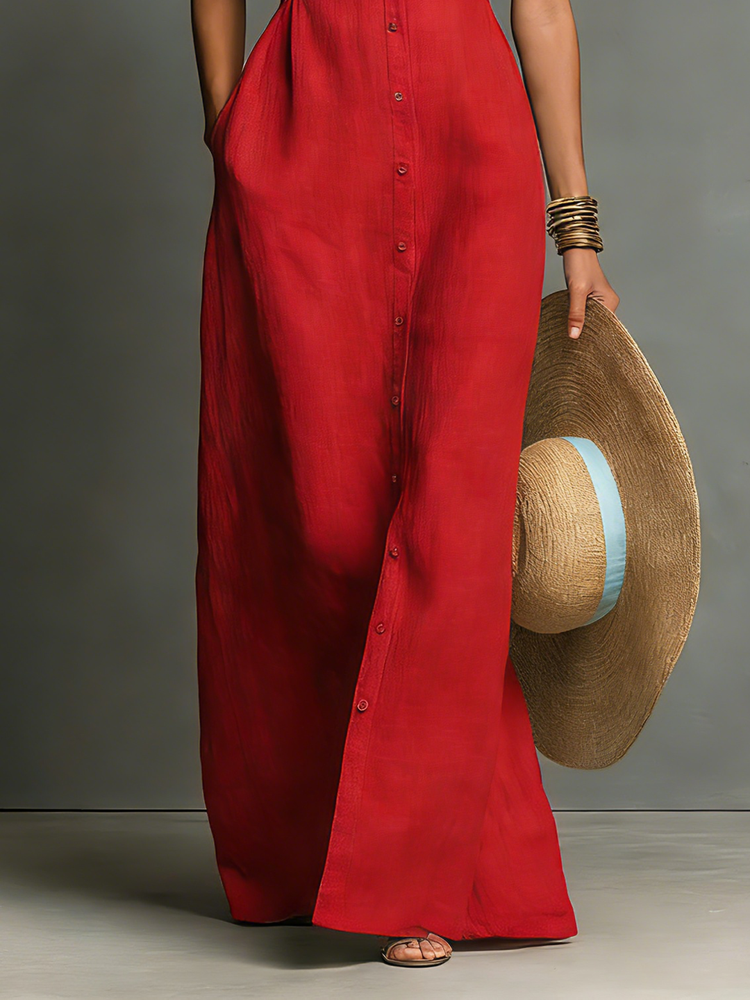 Minimalistisches, kragenloses, einreihiges, ärmelloses Maxi-Hemdkleid für Damen