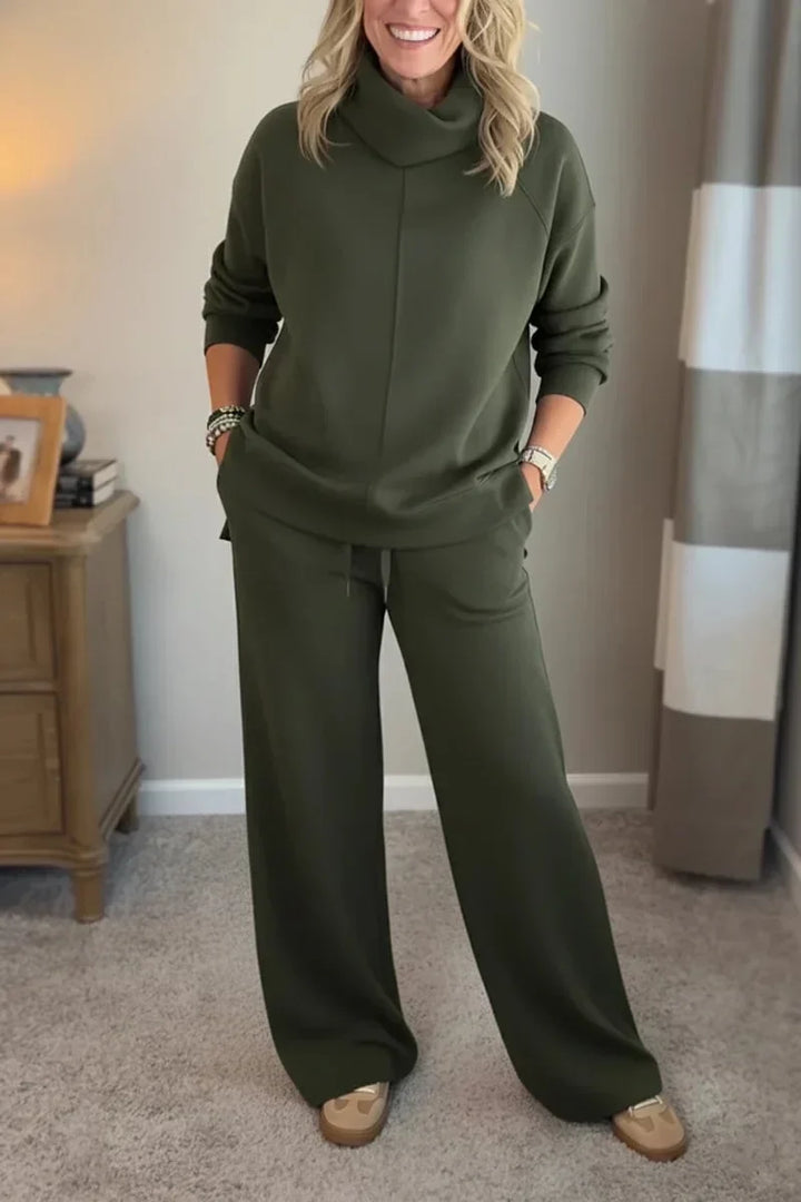 Aivra | Conjunto de dos piezas para mujer con cuello alto, mangas largas, pantalón de pierna ancha y bolsillos