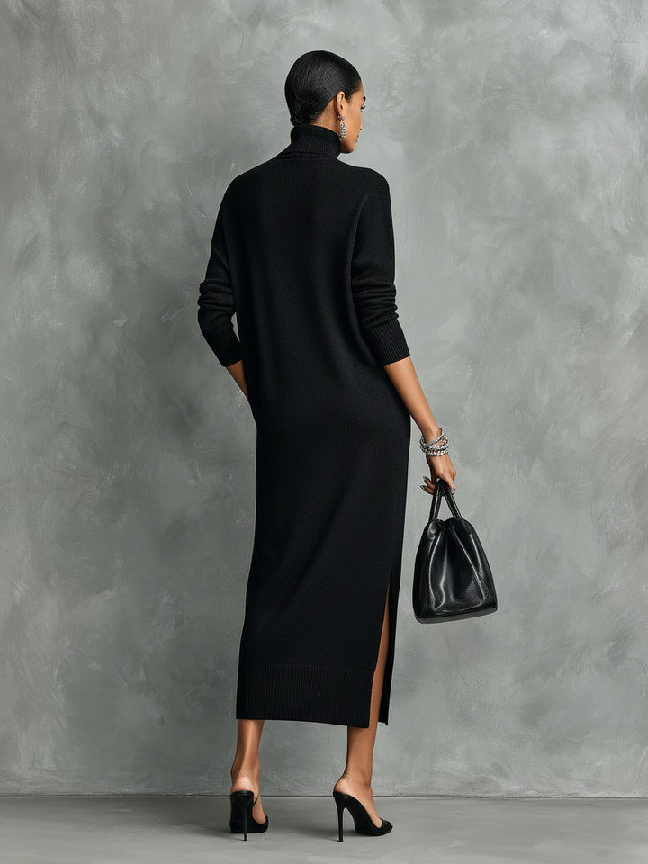 Elegantes schwarzes Strickkleid in Midi-Länge mit Rollkragen, langen Ärmeln und lockerer Passform für Damen