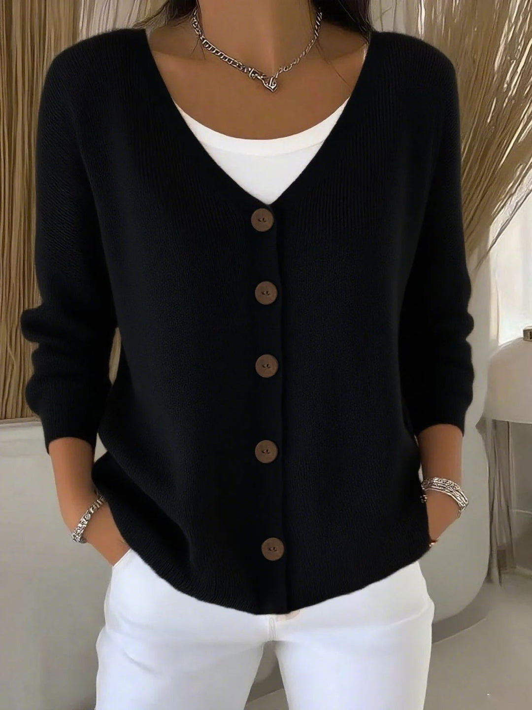 Olivia™ - Langarm V-Ausschnitt Knopf Pullover