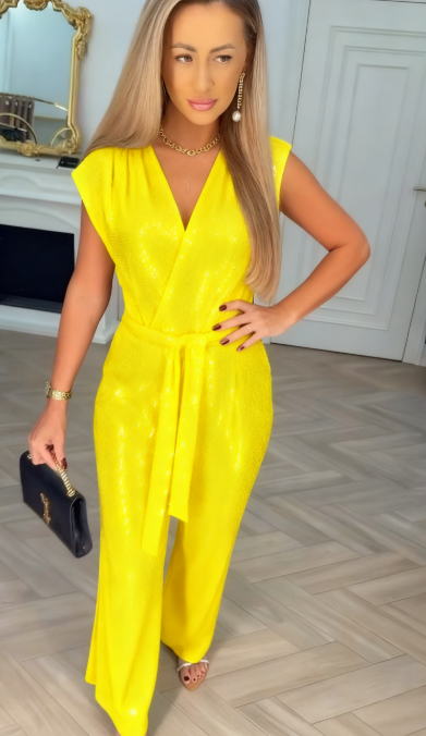 Pailletten-Einfarbiger Jumpsuit mit Bindungsdetail