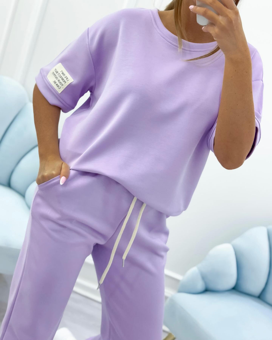 Damen Relaxed Outfit: Set aus solidem Oberteil und Hose