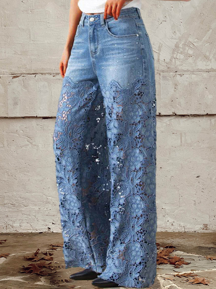 Celeste™ - Spitzen- & Patchwork-Mid-Rise-Jeans