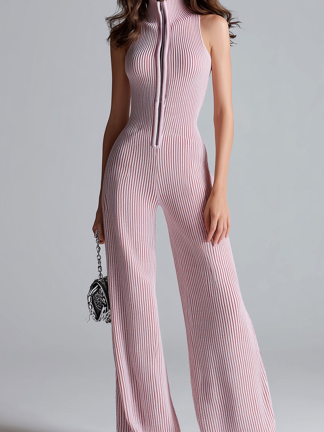 ElevenOra Stilvoller Pinker Ärmelloser Jumpsuit mit Stehkragen, Reißverschluss vorne, Tailliertem Bund und Weitem Bein im Ribstrickdesign