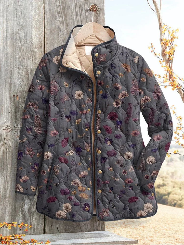 Damen Retro Blumen Druck Casual Steppjacke