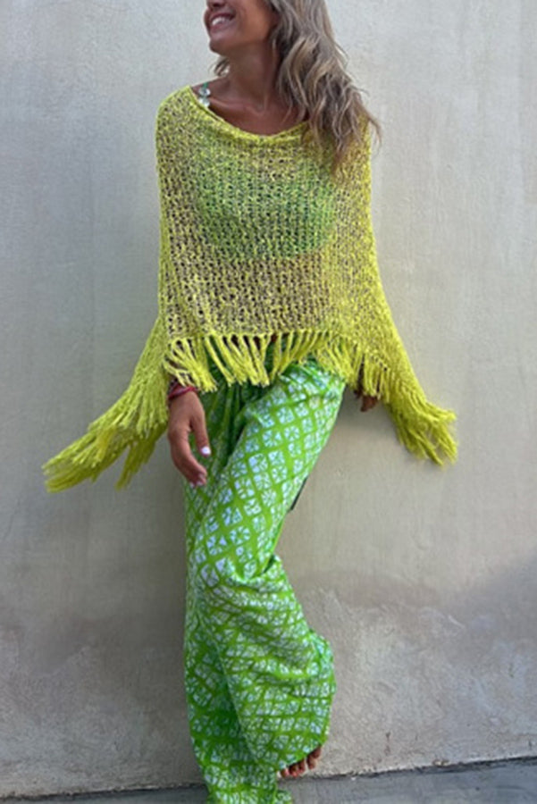 Sonnenuntergang Brise Quasten Strick Cover-Up mit Ausschnitt-Design