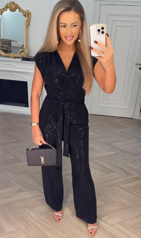 Pailletten-Einfarbiger Jumpsuit mit Bindungsdetail
