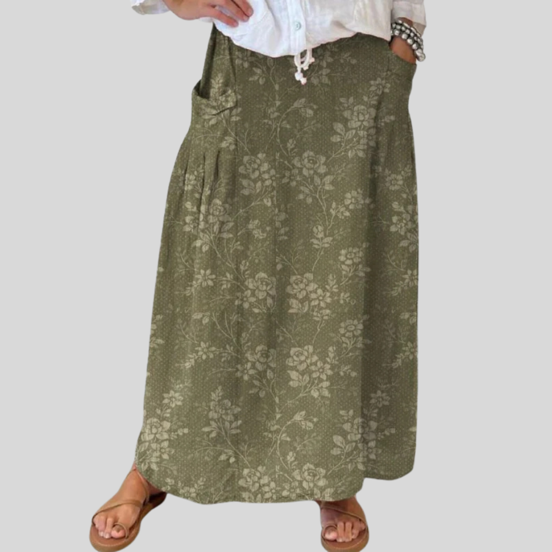 Damen Vintage Floral Leinen Rock mit elastischem Bund und Taschen