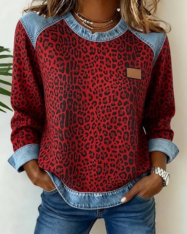 Leopardenmuster Denim Patchwork Pullover