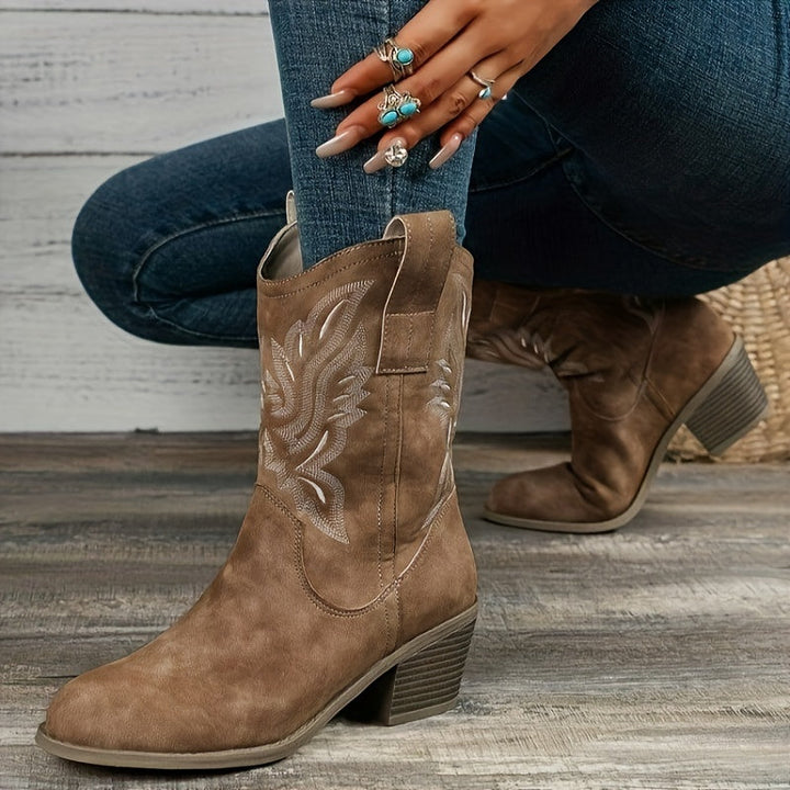 Damen Western Cowboy Stiefel für breite Waden mit besticktem Schaft
