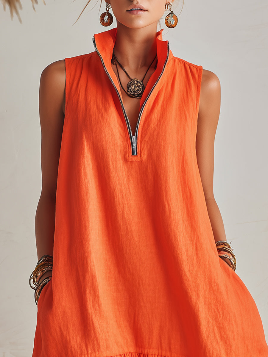 Helles Orange Leinen Halb-Reißverschluss Mini-Kleid mit Rüschensaum und Stehkragen