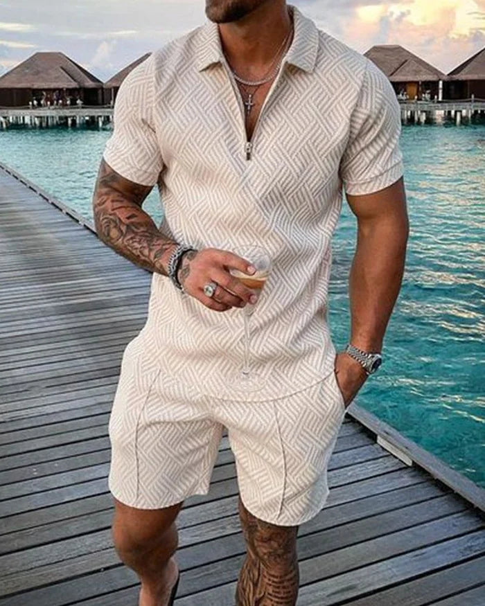 LUKAS | POLOSHIRT- & SHORTS-SET IN CREME MIT REVERSKRAGEN