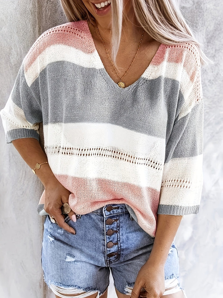 Olga™ - Lässiger gestreifter V-Ausschnitt Pullover