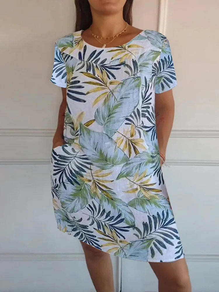 Damen Baumwolle Leinen Bedrucktes Sommerkleid mit Taschen