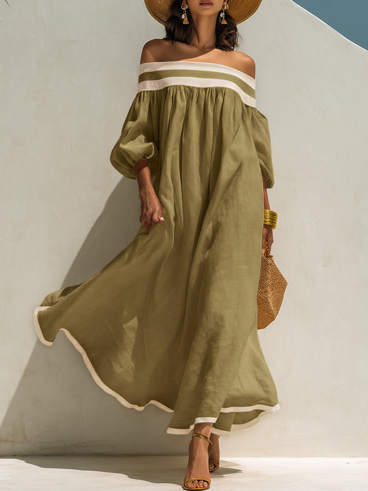 Beige Off-Shoulder Maxikleid mit lockerem Schnitt und Farbblockdesign