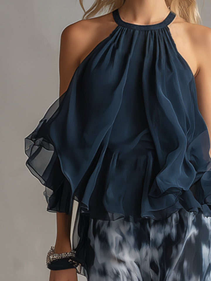 Ludovica – Schickes Ensemble mit hochgeschlossenem Blusenshirt und fließenden bedruckten Hosen
