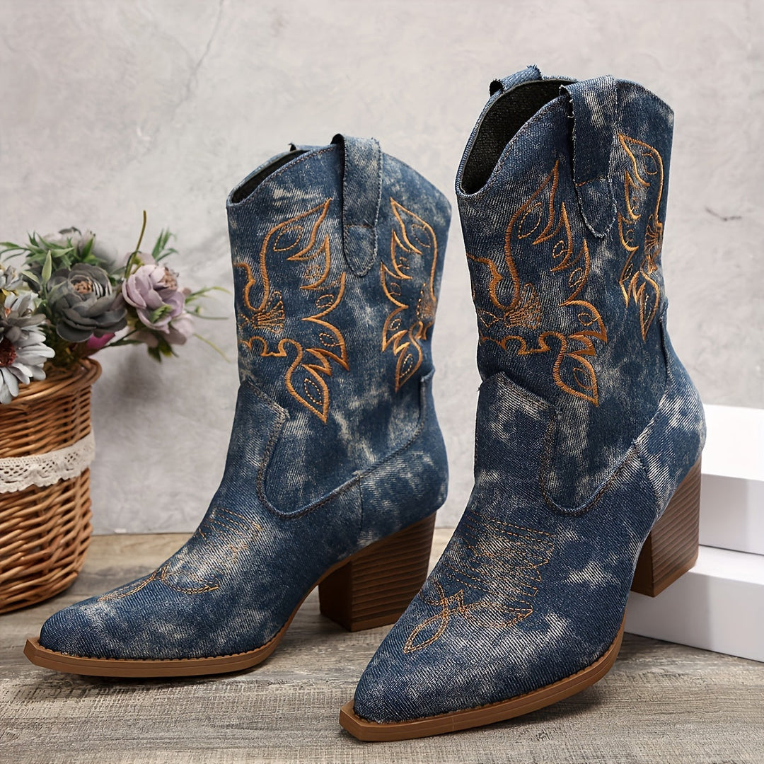 Ealasaid | Women's Western Boots for Wide Calves with Embroidered Detail