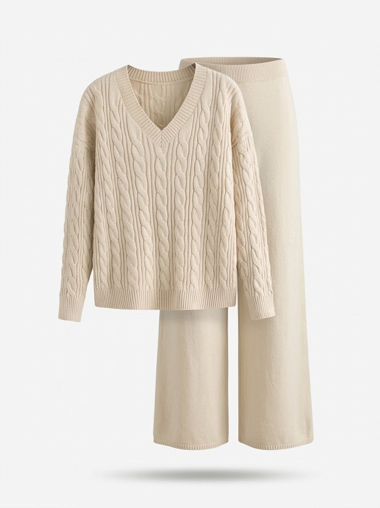Completo da donna a due pezzi, scollo a V e maniche lunghe