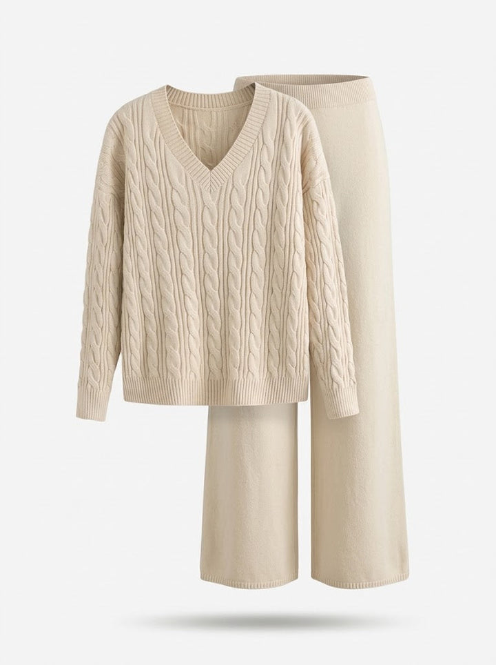 Completo da donna a due pezzi, scollo a V e maniche lunghe