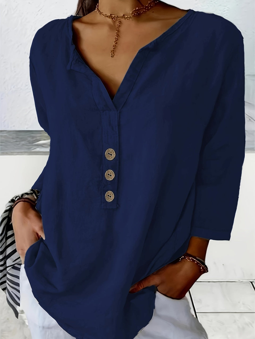 Harper™ - Lockere V-Ausschnitt Bluse mit Knöpfen