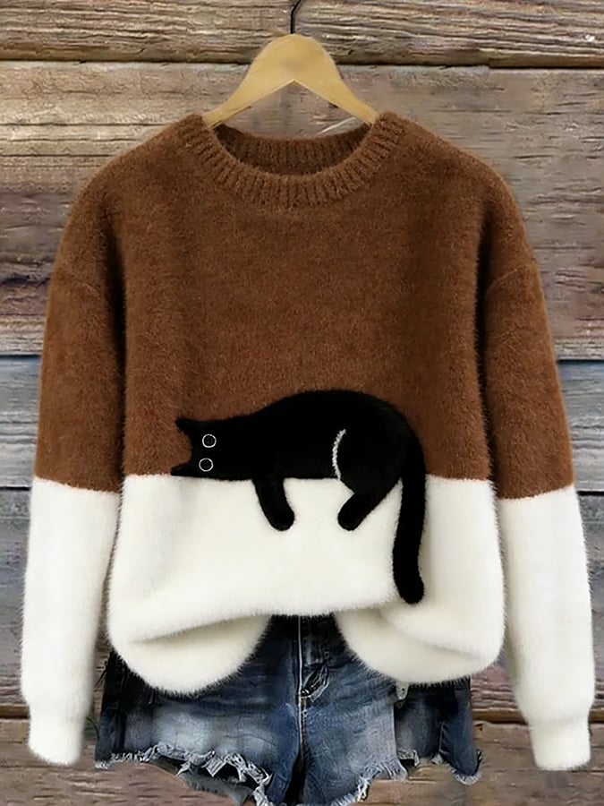 Pullover oversize da donna con design color block e motivo a gatti