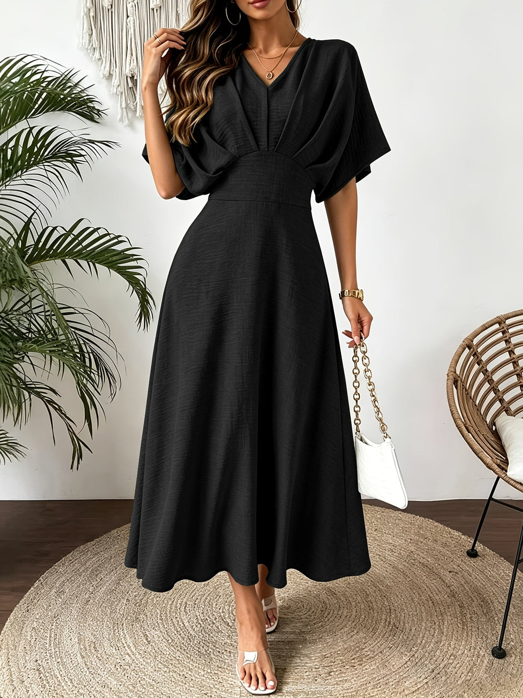 Vestido midi de mujer con escote en V