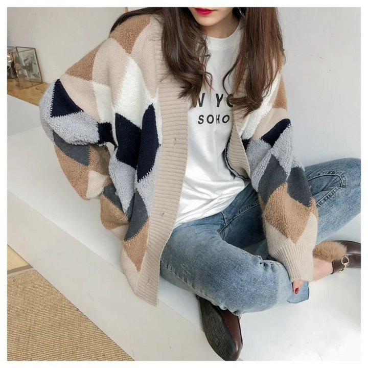 Damen Cardigan mit Karomuster und V-Ausschnitt