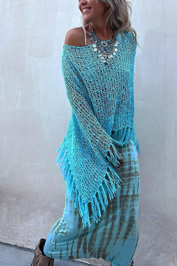 Sonnenuntergang Brise Quasten Strick Cover-Up mit Ausschnitt-Design