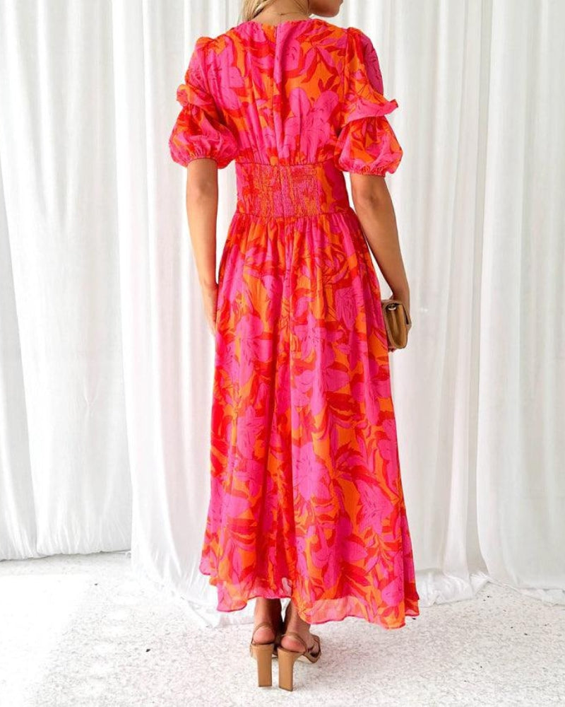 Clara – Elegantes Maxikleid mit V-Ausschnitt und Puffärmeln