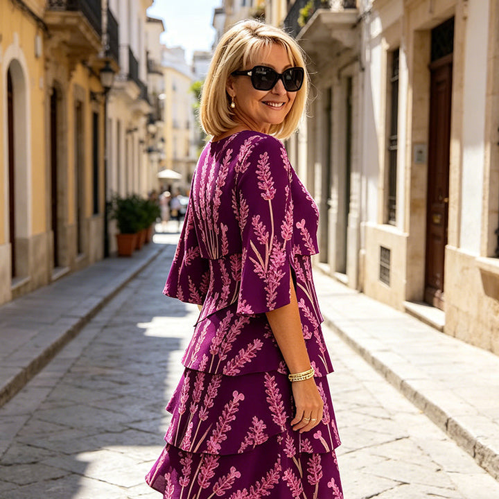 Elyvane™ - Damen Floral Rüschenkleid mit mittellangen und geschlitzten Ärmeln