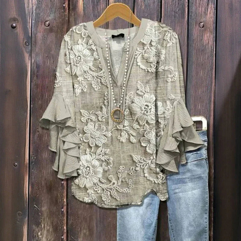 Maci™ - Vintage Floral Ruffle-Ärmel Bluse