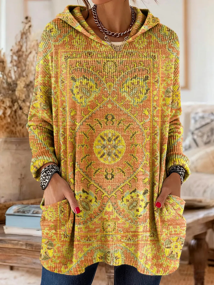 Vintage-inspirierte Kapuzenstrick-Tunika mit Taschen und ethnischem Druck