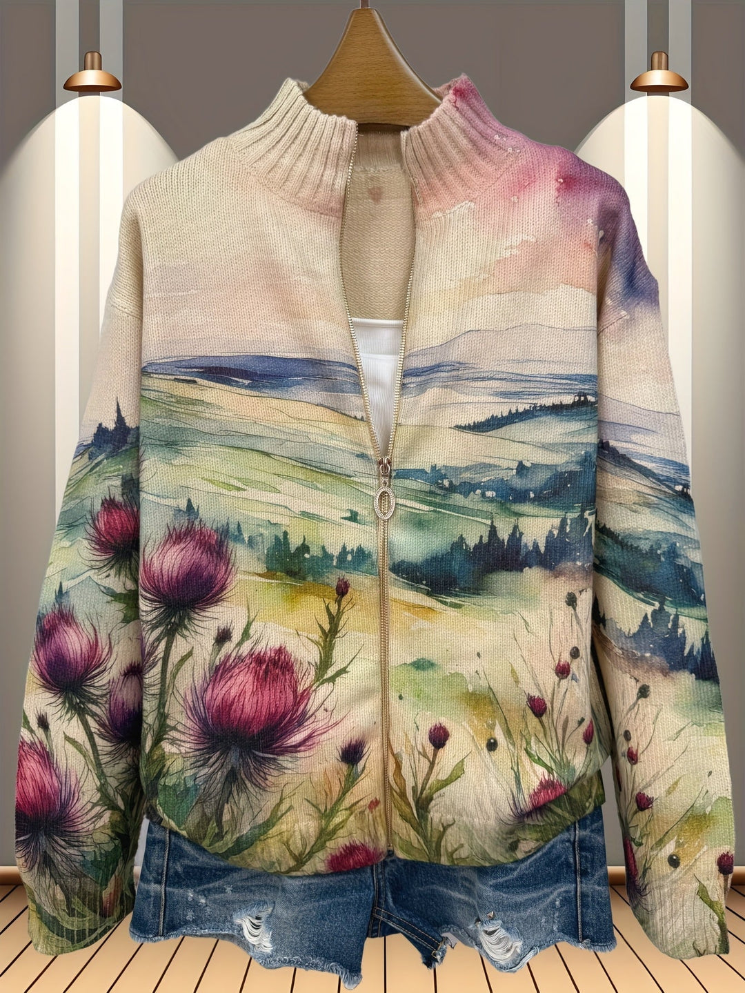 Zelda | Cardigan da donna con paesaggio ad acquerello e motivo a cardi