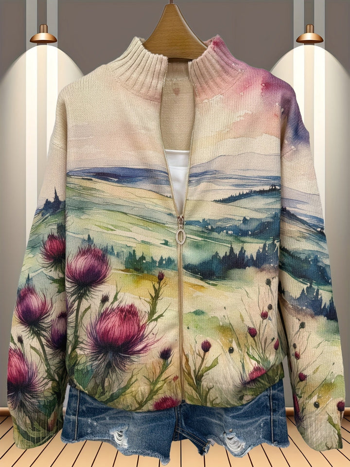 Zelda | Cardigan da donna con paesaggio ad acquerello e motivo a cardi