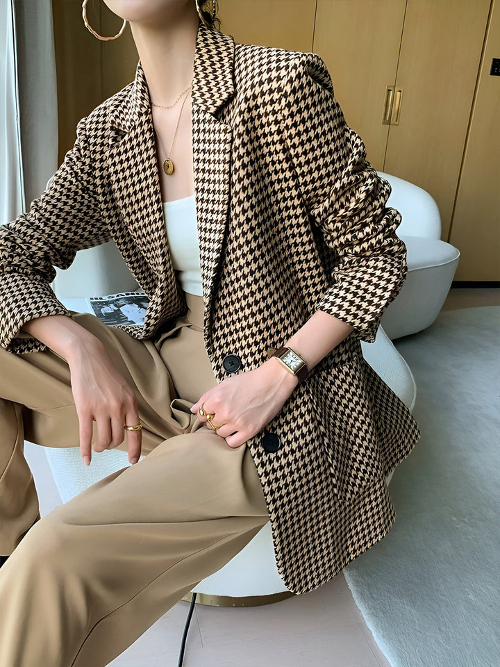 Blazer da donna pied-de-poule con cintura, bottoni e tasche