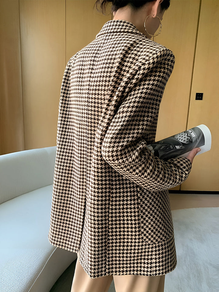 Blazer da donna pied-de-poule con cintura, bottoni e tasche